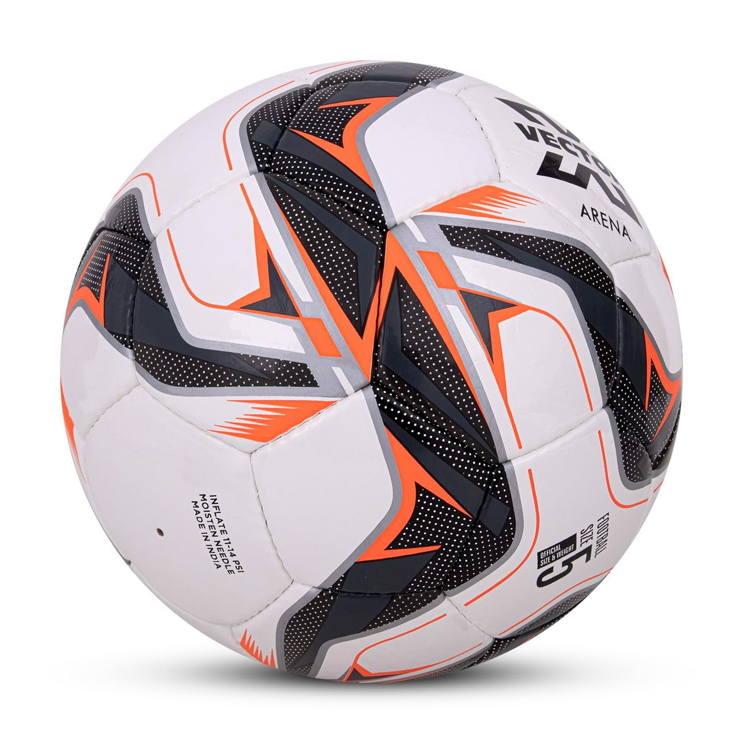 Vector X Arena Soft Shiny PU Hand Stitched FIFA Basic Approved Indoor/Outdoor Water-Resistant Football with Latex Bladder, White-Black-Orange, Size 5