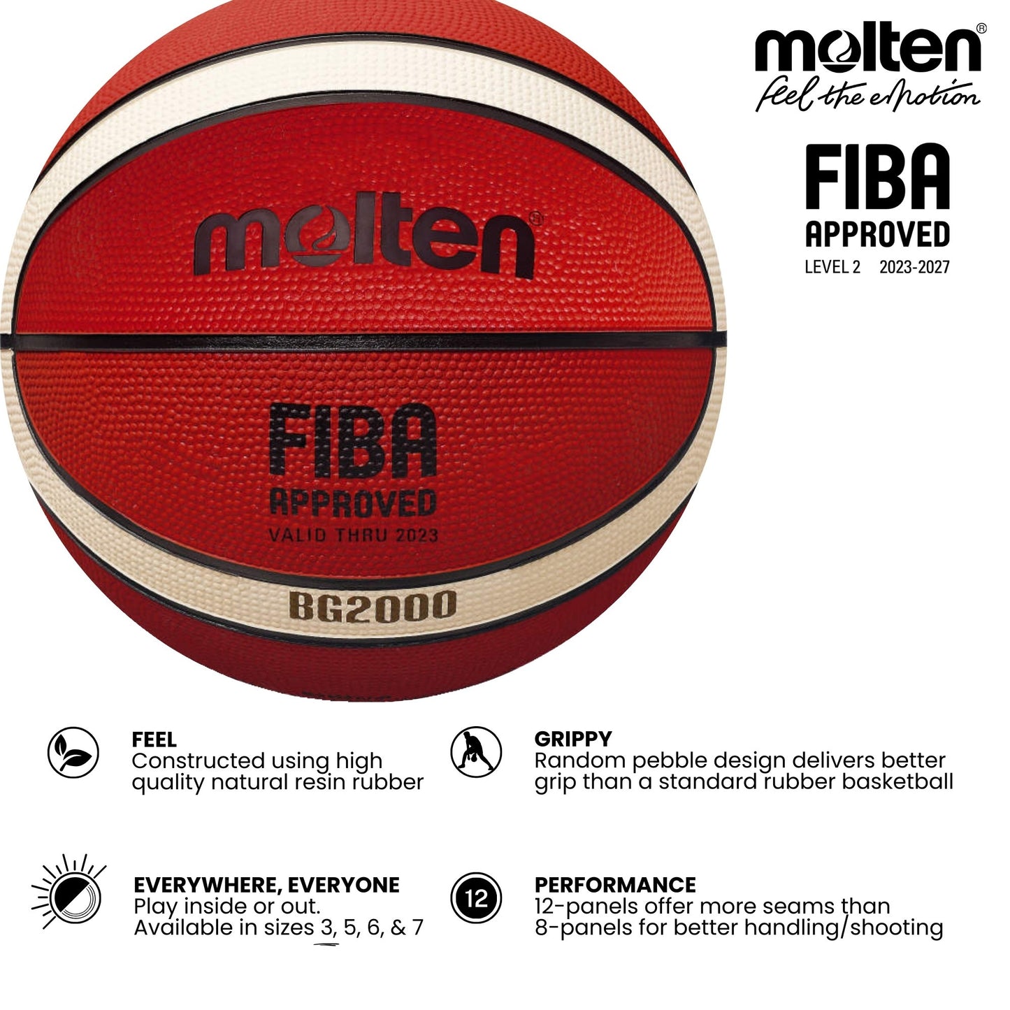Molten BG2000 Basketball 12 Panel Rubber (Indoor & Outdoor)